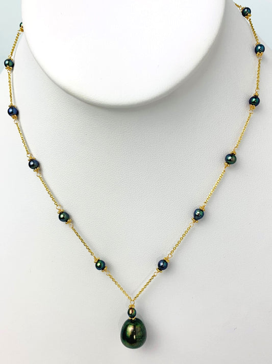 16"-17" Grey Peacock Pearl Station Necklace With Center Drop in 14KY - NCK-487-DRPPRL14Y-GRY-17