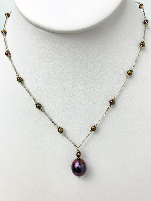 15"-16" Purple Peacock Pearl Station Necklace With Center Drop in 14KW - NCK-489-DRPPRL14W-PRPL-16