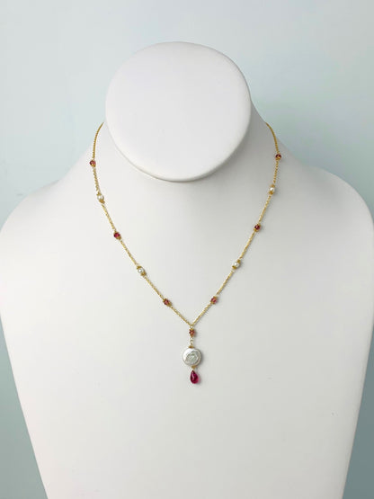16"-17" Pink Tourmaline And Pearl Station Necklace With Center Drop in 14KY - NCK-490-DRPPRLGM14Y-WHPT-17