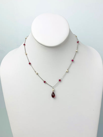 16"-17" Pink Tourmaline And Pearl Station Necklace With Center Drop in 14KW - NCK-491-DRPPRLGM14W-WHPT-17