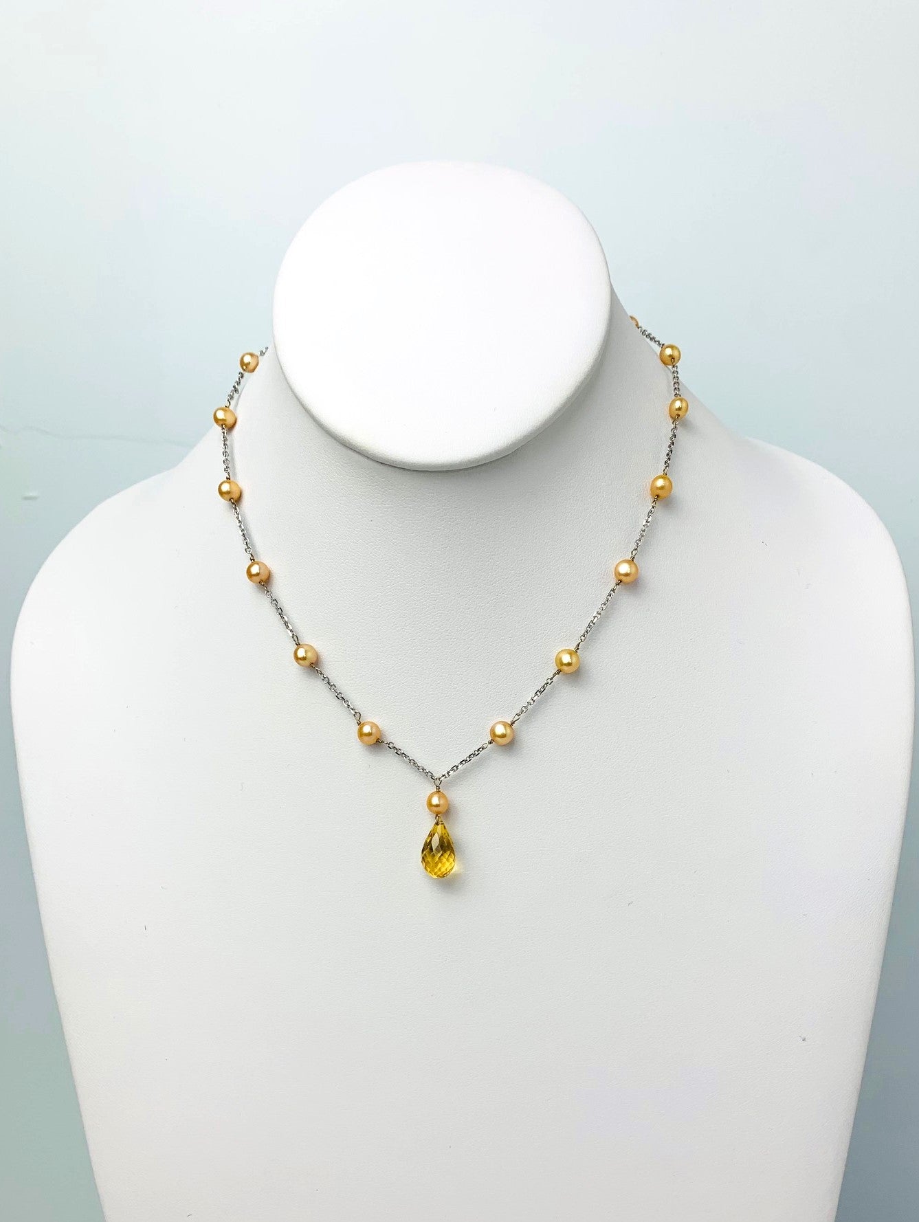 15" Citrine And Gold Pearl Station Necklace With Center Drop in 14KW - NCK-496-DRPPRLGM14W-YLCIT-15