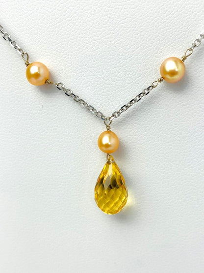 15" Citrine And Gold Pearl Station Necklace With Center Drop in 14KW - NCK-496-DRPPRLGM14W-YLCIT-15