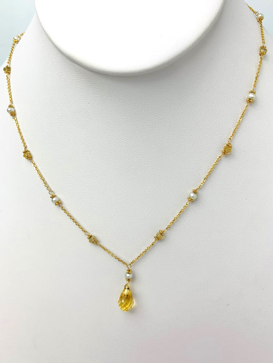 16"-17" Citrine And Gold Pearl Station Necklace With Center Drop in 14KY - NCK-497-DRPPRLGM14W-WHCIT-17