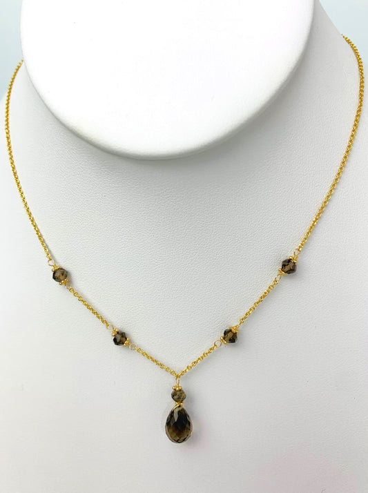 15"-16" Smokey Quartz Station Necklace With Center Drop in 14KY - NCK-500-DRPGM14Y-SQ-16