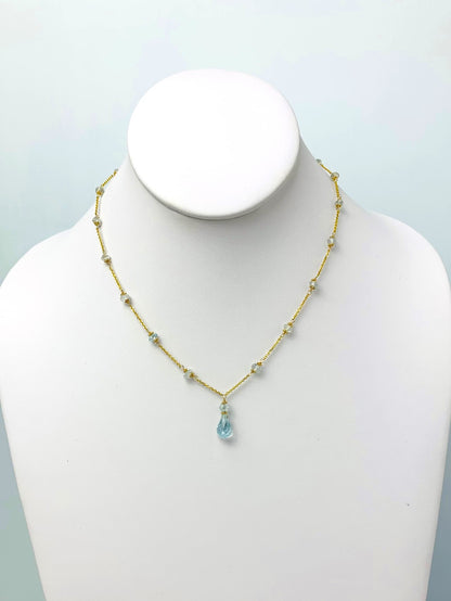 16" Aquamarine Station Necklace With Center Drop in 14KY - NCK-503-DRPGM14Y-AQ-16