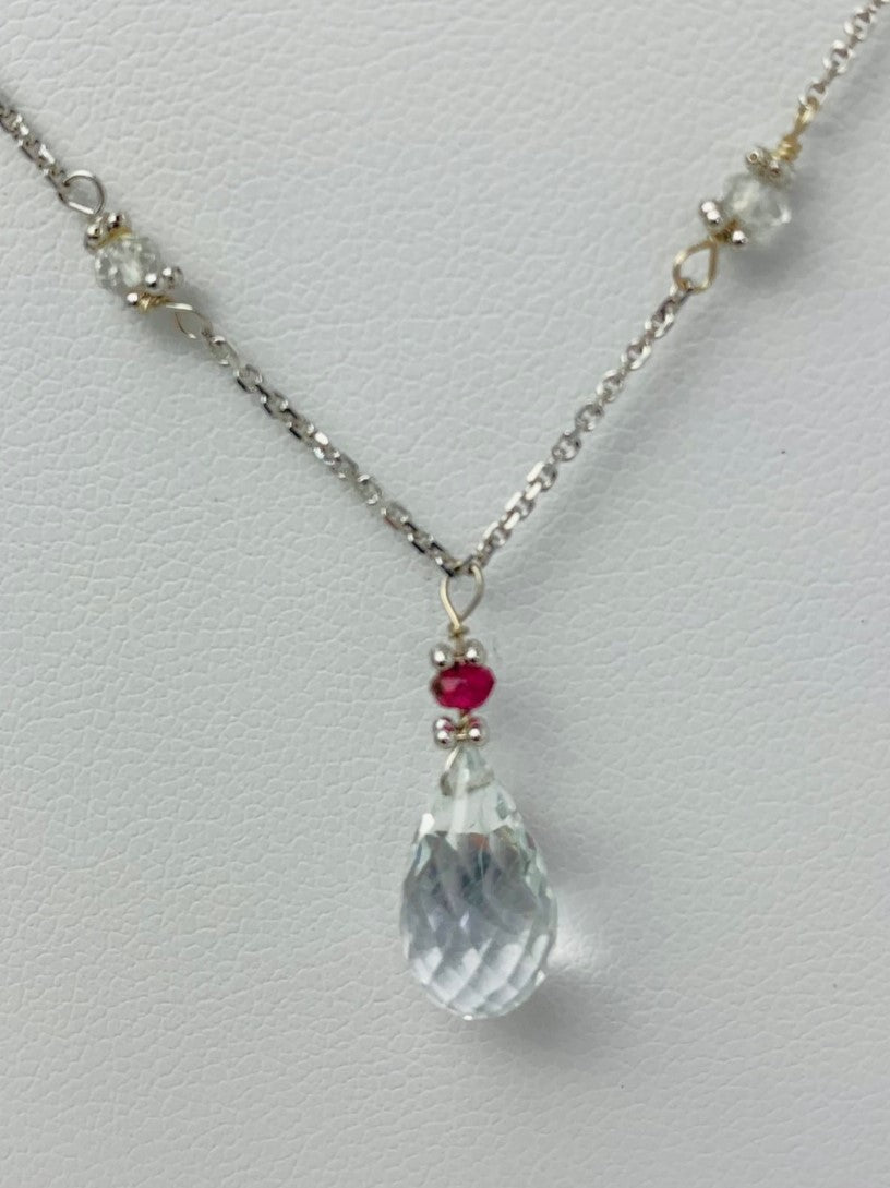 16"-17" White Topaz And Garnet Station Necklace With Center Drop in 14KW - NCK-505-DRPGM14W-WTGNT-17