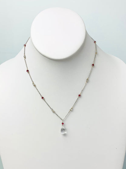 16"-17" White Topaz And Garnet Station Necklace With Center Drop in 14KW - NCK-505-DRPGM14W-WTGNT-17