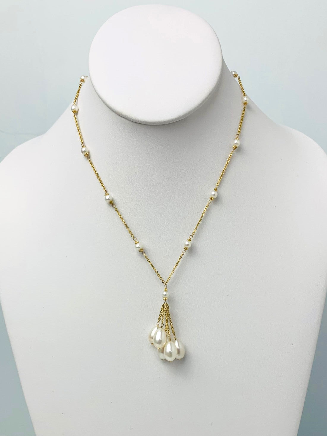 16.5"-17.5" Pearl Station Necklace With Tassel Center in 14KY - NCK-511-TASPRL14Y-WH-17.5