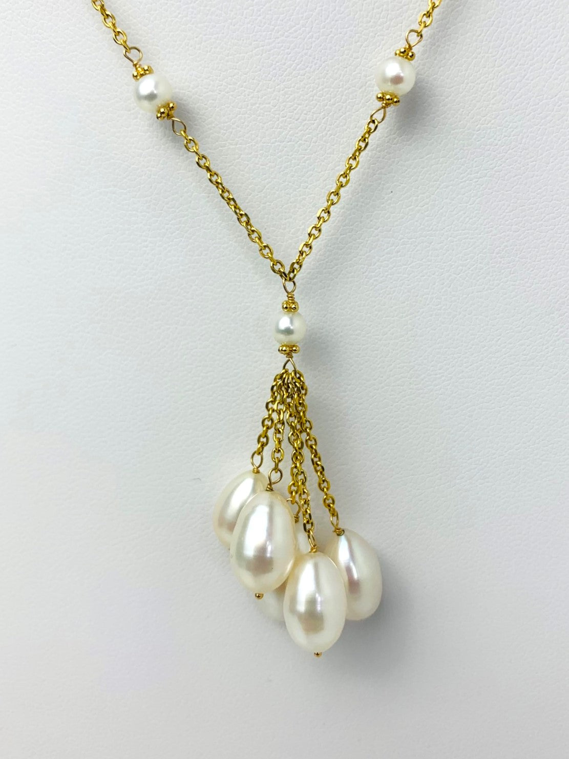 16.5"-17.5" Pearl Station Necklace With Tassel Center in 14KY - NCK-511-TASPRL14Y-WH-17.5