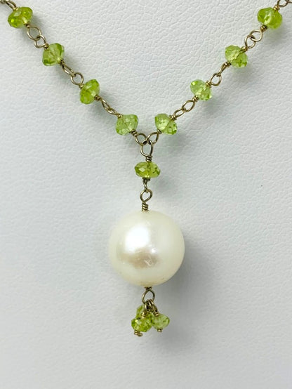 16" Peridot Rosary Necklace With Pearl Tassel Center in 14KW - NCK-512-TASPRLGM14W-WHPDT-16