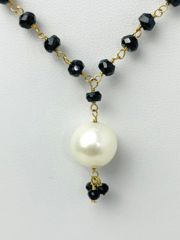 17" Onyx Rosary Necklace With Pearl Tassel Center in 14KY - NCK-513-TASPRLGM14Y-WHOX-16
