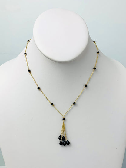 16" Onyx Station Necklace With Tassel Center in 14KY - NCK-518-TASGM14Y-OX-16