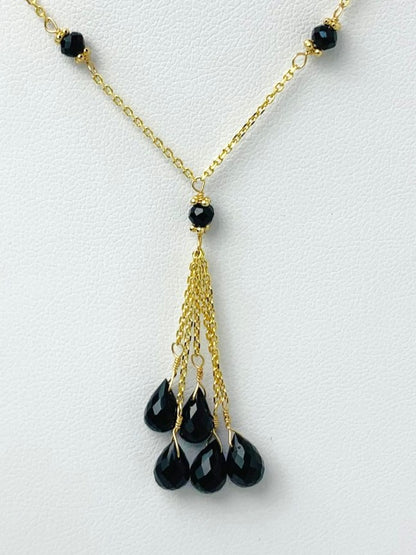 16" Onyx Station Necklace With Tassel Center in 14KY - NCK-518-TASGM14Y-OX-16