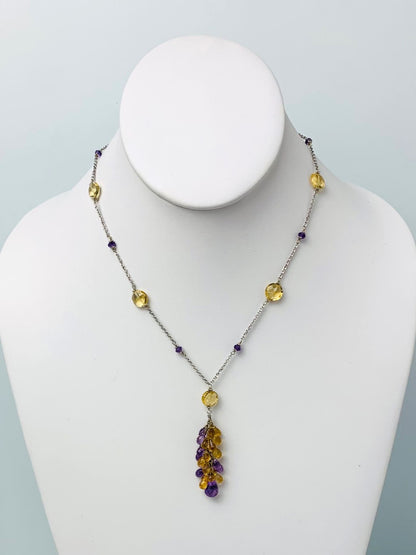 17" Amethyst And Citrine Station Necklace With Tassel Center in 14KW - NCK-520-TASGM14W-AMYCIT-17