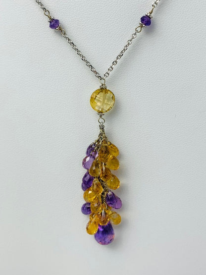 17" Amethyst And Citrine Station Necklace With Tassel Center in 14KW - NCK-520-TASGM14W-AMYCIT-17