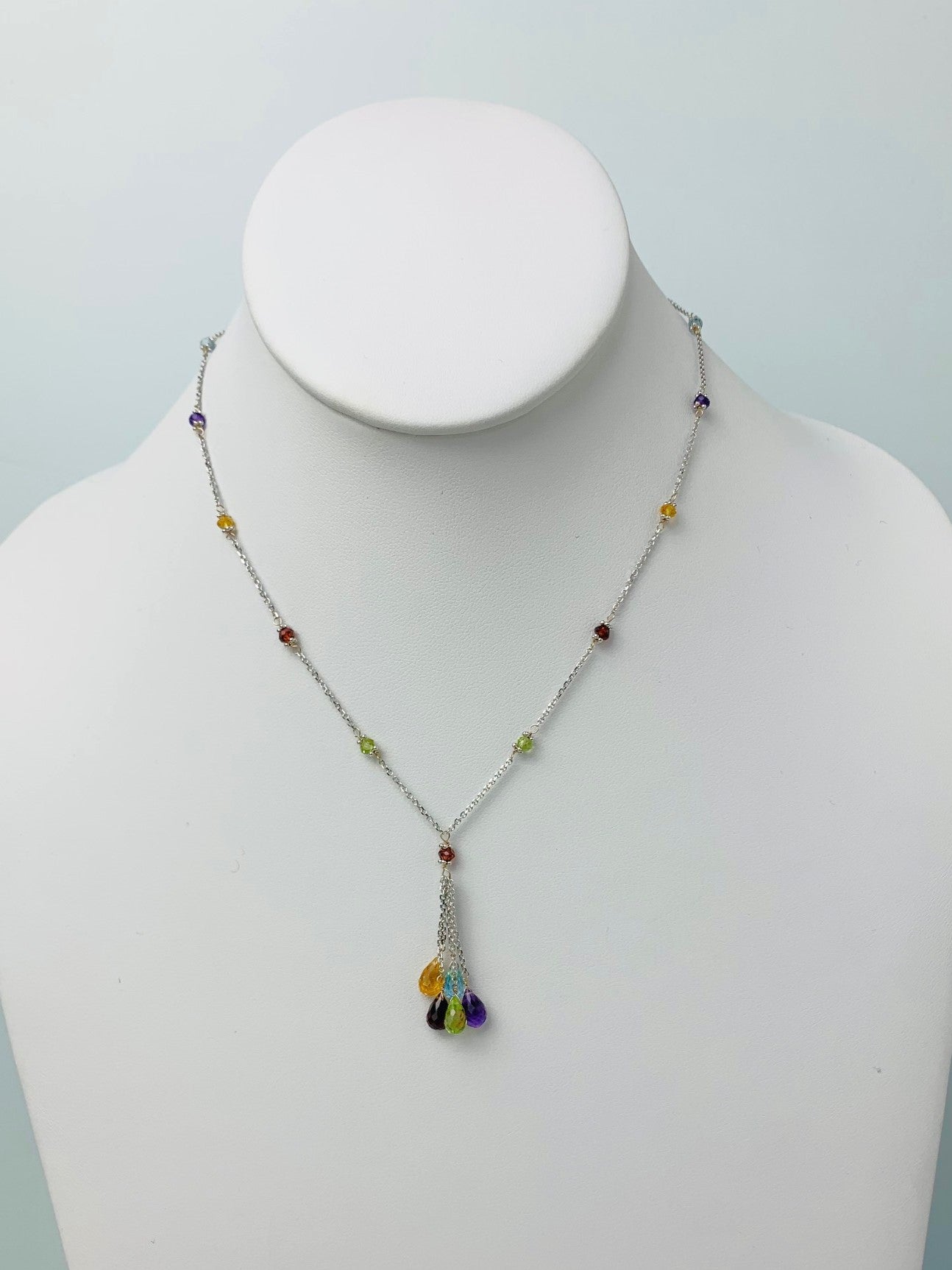 17"  Multicolored Gemstone Station Necklace With Tassel Center in 14KW - NCK-521-TASGM14W-MLTI-17