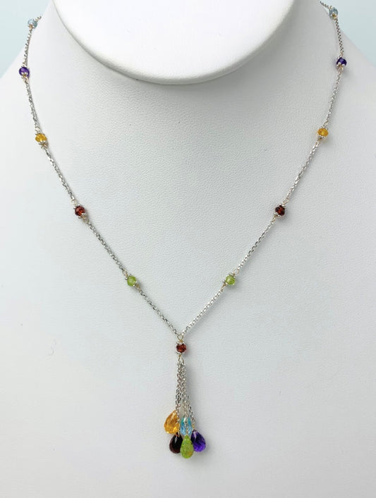 17"  Multicolored Gemstone Station Necklace With Tassel Center in 14KW - NCK-521-TASGM14W-MLTI-17