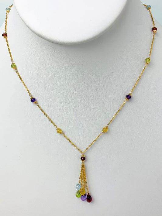 17" Multicolored Gemstone Station Necklace With Tassel Center in 14KY - NCK-521-TASGM14Y-MLTI-17