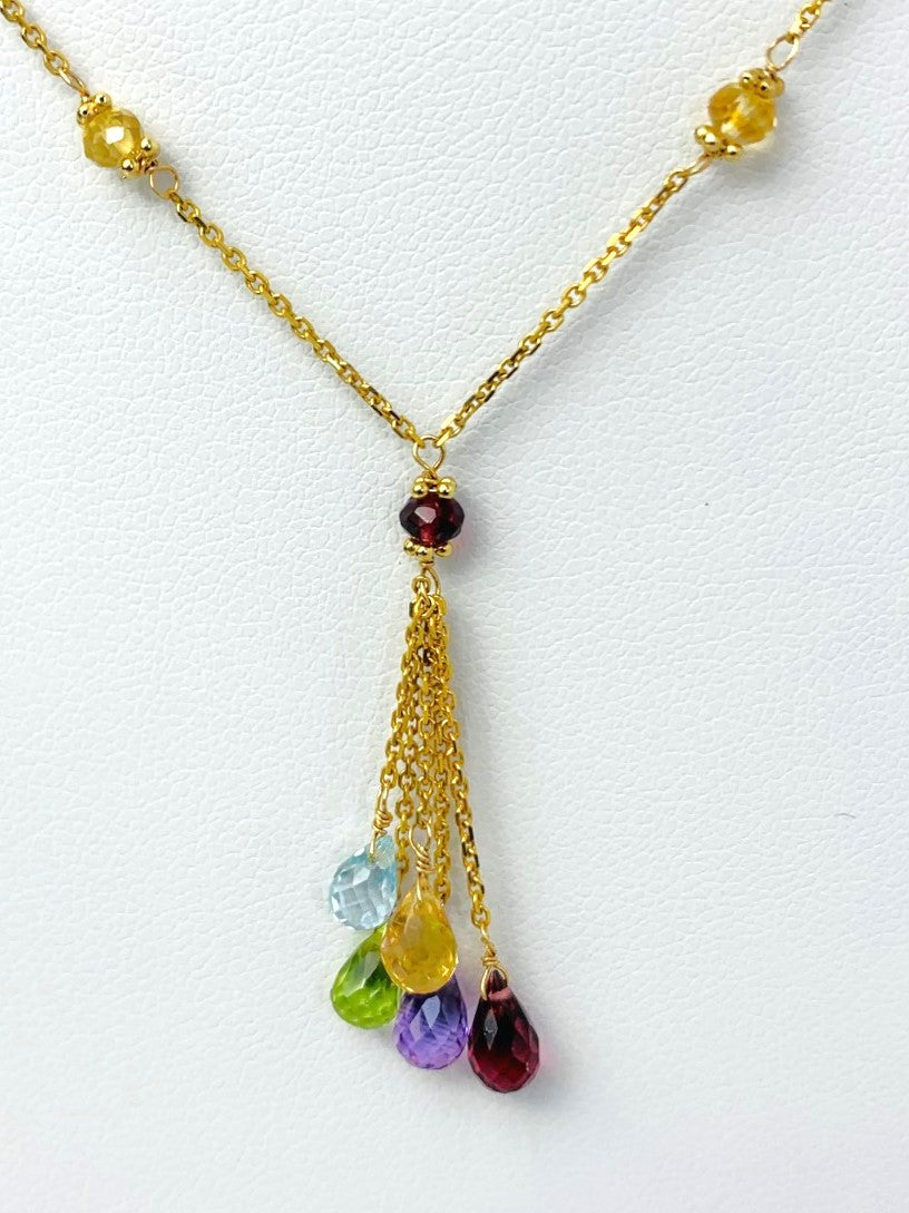 17" Multicolored Gemstone Station Necklace With Tassel Center in 14KY - NCK-521-TASGM14Y-MLTI-17