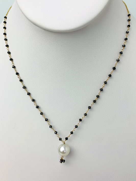 18" Black Diamond Rosary Necklace With Pearl Tassel in 18KY - NCK-523-TASPRLDIA18Y-WHBLK-18