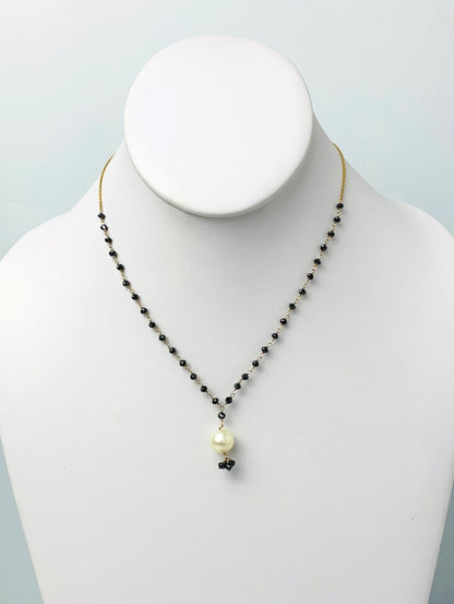 16" Black Diamond Rosary Necklace With Pearl Tassel in 18KY - NCK-524-TASPRLDIA18Y-WHBLK-16