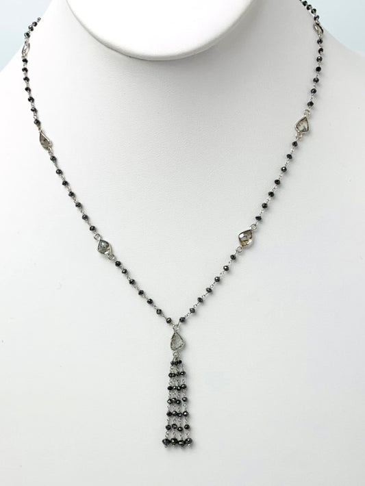 18" Black Diamond Rosary Necklace With Salt And Pepper Diamond Slices And Tassel in 14KW - NCK-525-TASDIA14Y-WHBLK-18