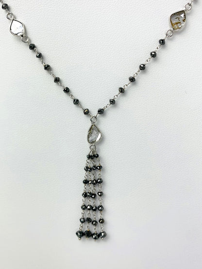 18" Black Diamond Rosary Necklace With Salt And Pepper Diamond Slices And Tassel in 14KW - NCK-525-TASDIA14Y-WHBLK-18