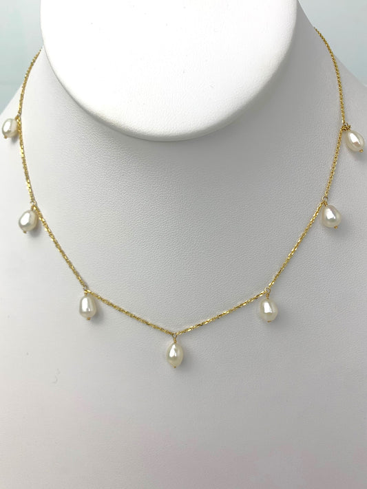 15" White Pearl 7 Station Dangly Necklace in 14KY - NCK-527-DNGPRL14Y-WH-15