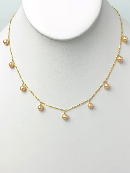 16" Gold Pearl 9 Station Dangly Necklace in 14KY - NCK-528-DNGPRL14Y-YL-16