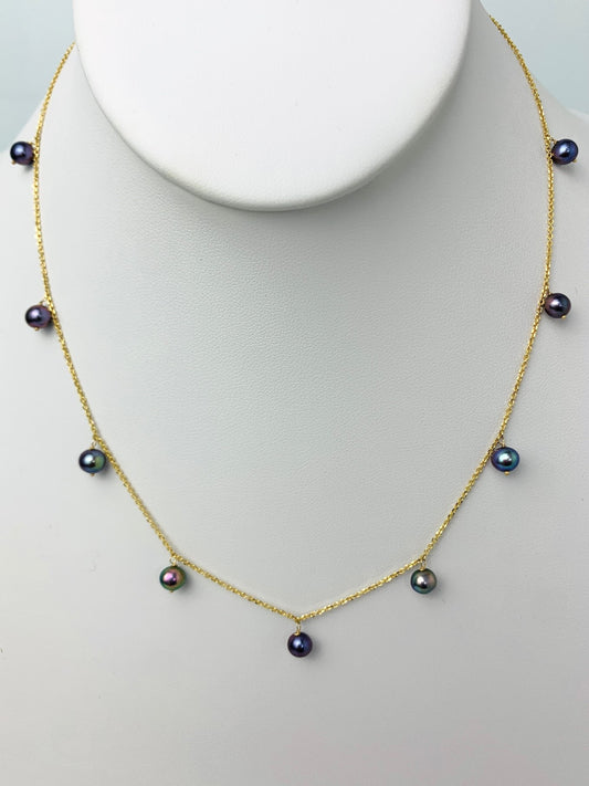 16"-17" Purple Peacock Pearl  9 Station Dangly Necklace in 14KY - NCK-529-DNGPRL14Y-PRPL-16