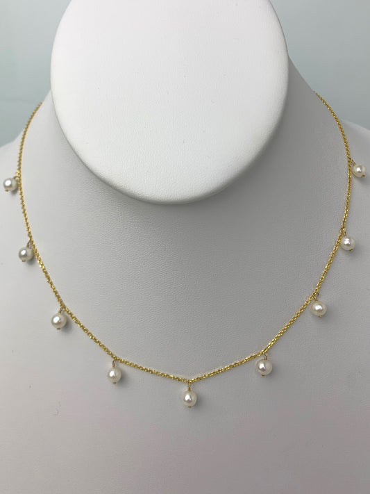 15"-17" White Pearl 9 Station Dangly Necklace in 14KY - NCK-530-DNGPRL14Y-WH