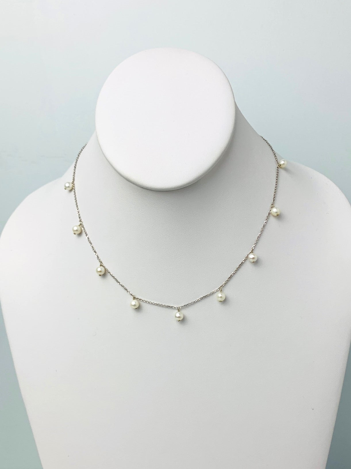 16" White 9 Station Pearl Dangly Necklace in 14KW - NCK-530-DNGPRL14W-WH-16
