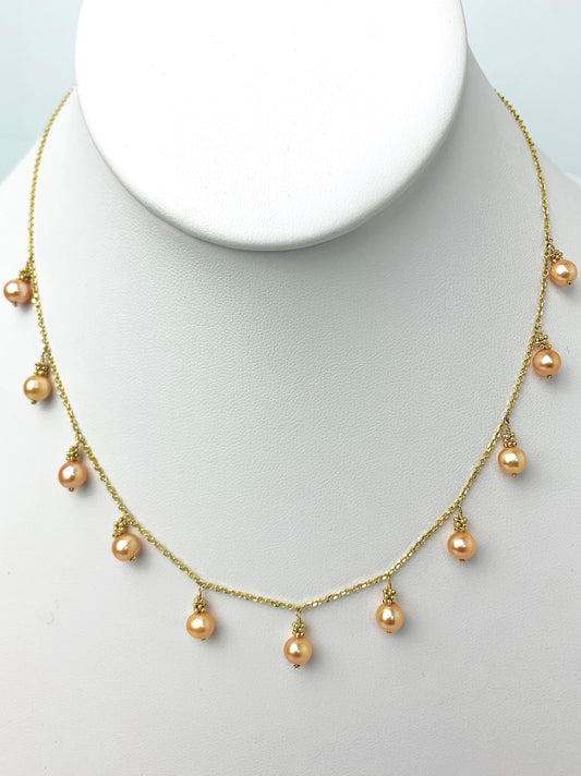 15"-16" Inch Gold Pearl 11 Station Dangly Necklace in 14KY - NCK-531-DNGPRL14Y-YL-16