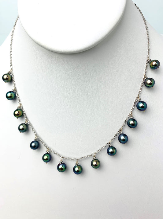 16"-17" Inch Peacock Pearl 15 Station Dangly Necklace in 14KW - NCK-534-DNGPRL14W-PCK-16