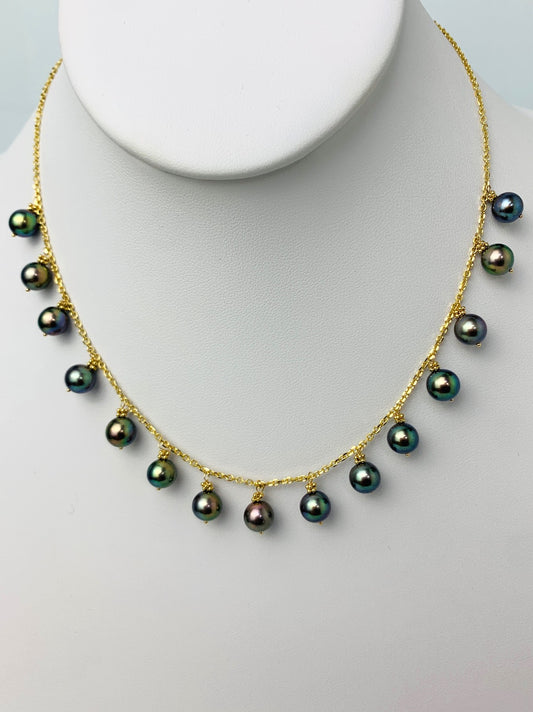 16" Inch Peacock Pearl 15 Station Dangly Necklace in 14KY - NCK-534-DNGPRL14Y-PCK-16