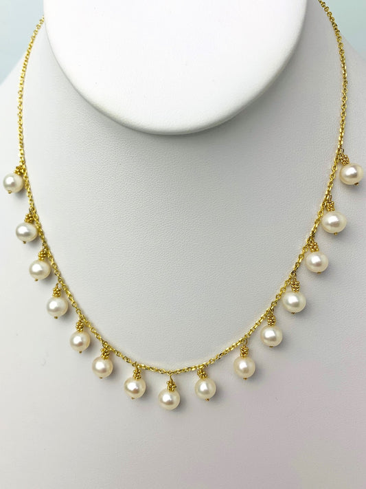16" Inch White Pearl 15 Station Dangly Necklace in 14KY - NCK-535-DNGPRL14Y-WH-16