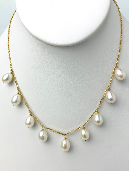 16" Inch White Pearl 9 Station Dangly Necklace in 14KY - NCK-537-DNGPRL14Y-WH-16