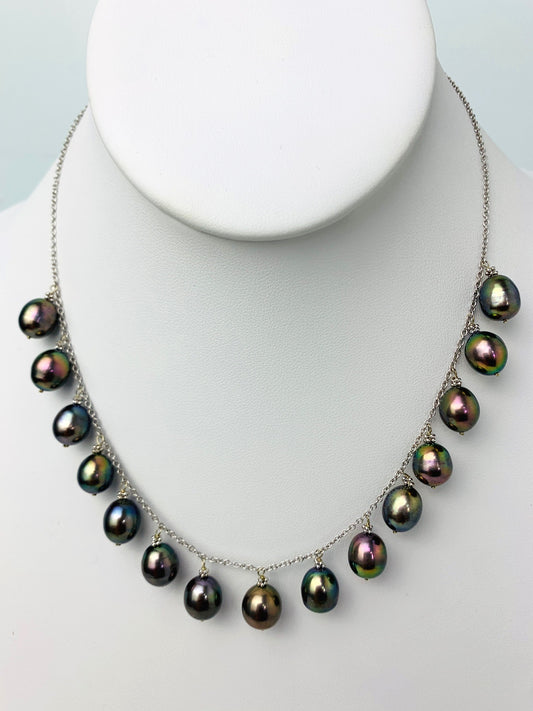 16" Inch Peacock Pearl 15 Station Dangly Necklace in 14KW - NCK-538-DNGPRL14W-PCK-16