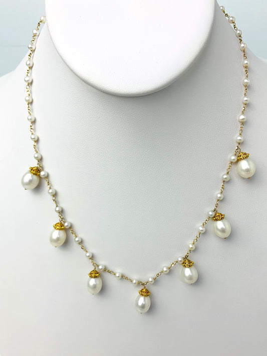 18"-19" Inch Pearl Rosary Necklace With 7 Dangly Stations in 14KY - NCK-539-DNGPRL14Y-WH-19