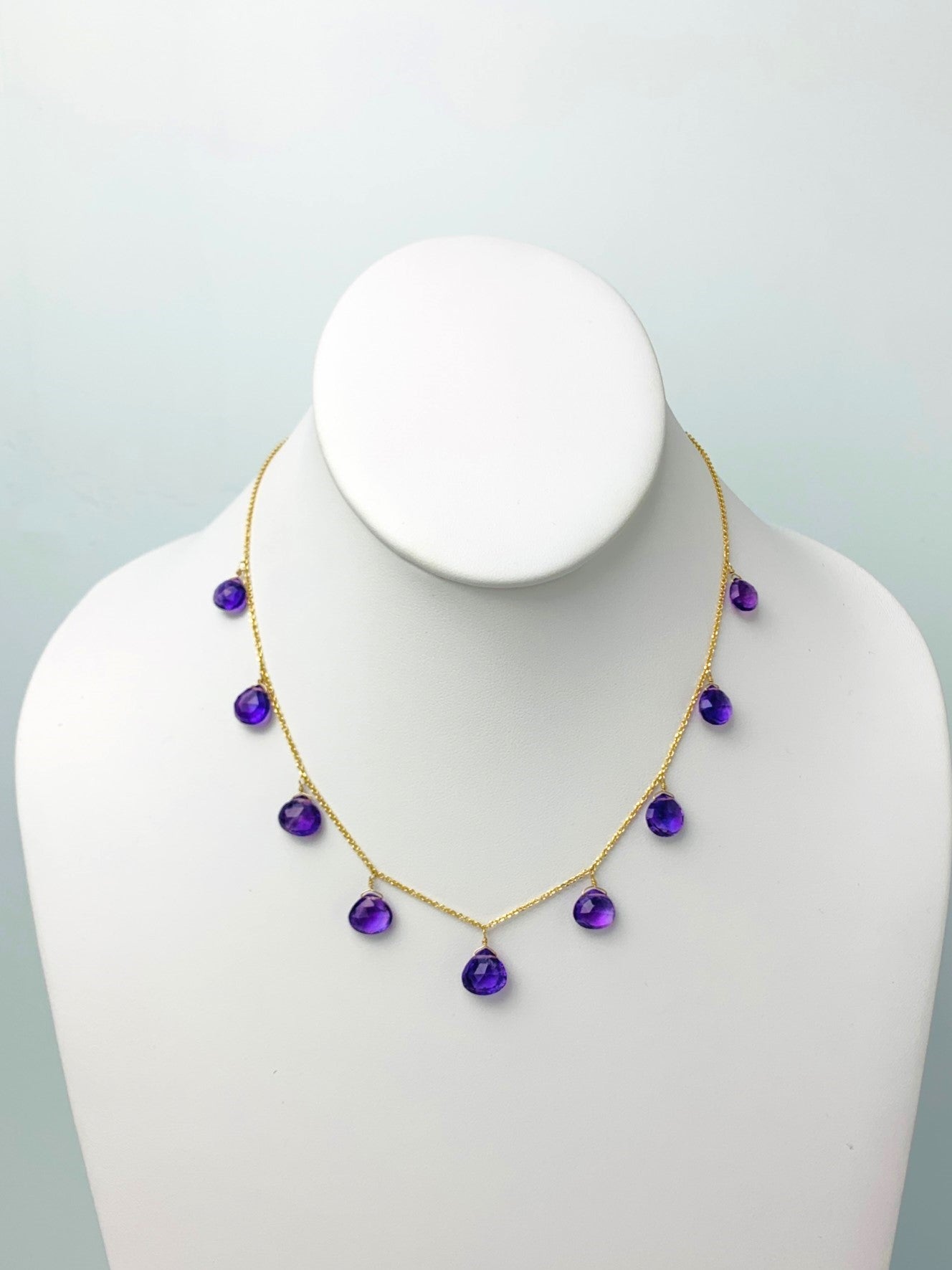 16"-17" Amethyst 9 Station Dangly Necklace in 14KY - NCK-542-DNGGM14Y-AMY-17