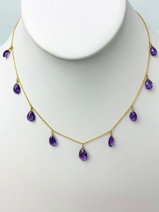 16" Amethyst 9 Station Dangly Necklace in 18KY - NCK-544-DNGGM18Y-AMY-16