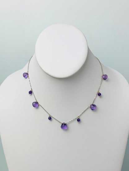 16"-17" Amethyst 10 Station Dangly Necklace in 14KW - NCK-548-DNGGM14W-AMY-17