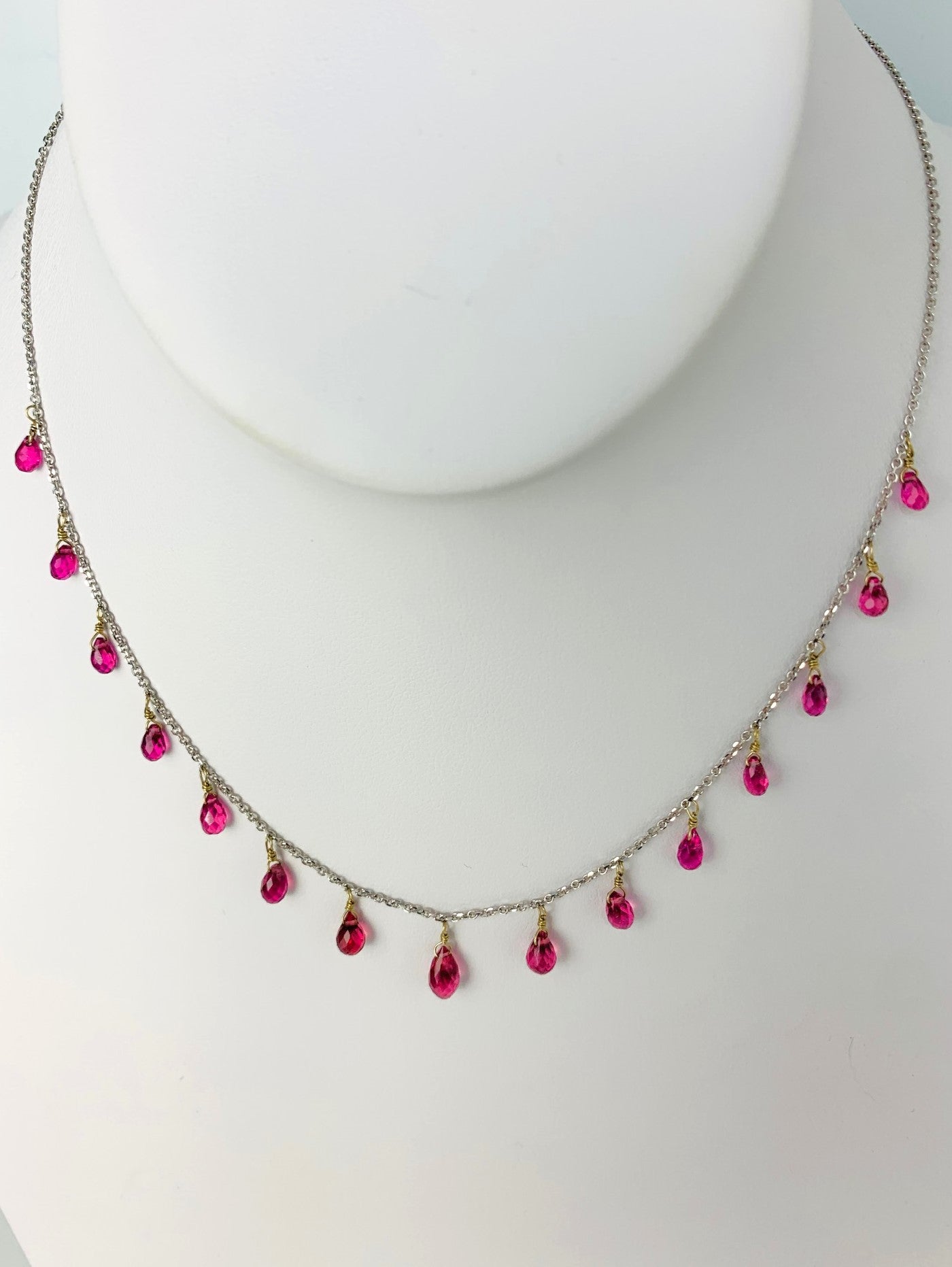 16"-17" Pink Tourmaline 15 Station Dangly Necklace in 18KW - NCK-575-DNGGM18W-PT-17