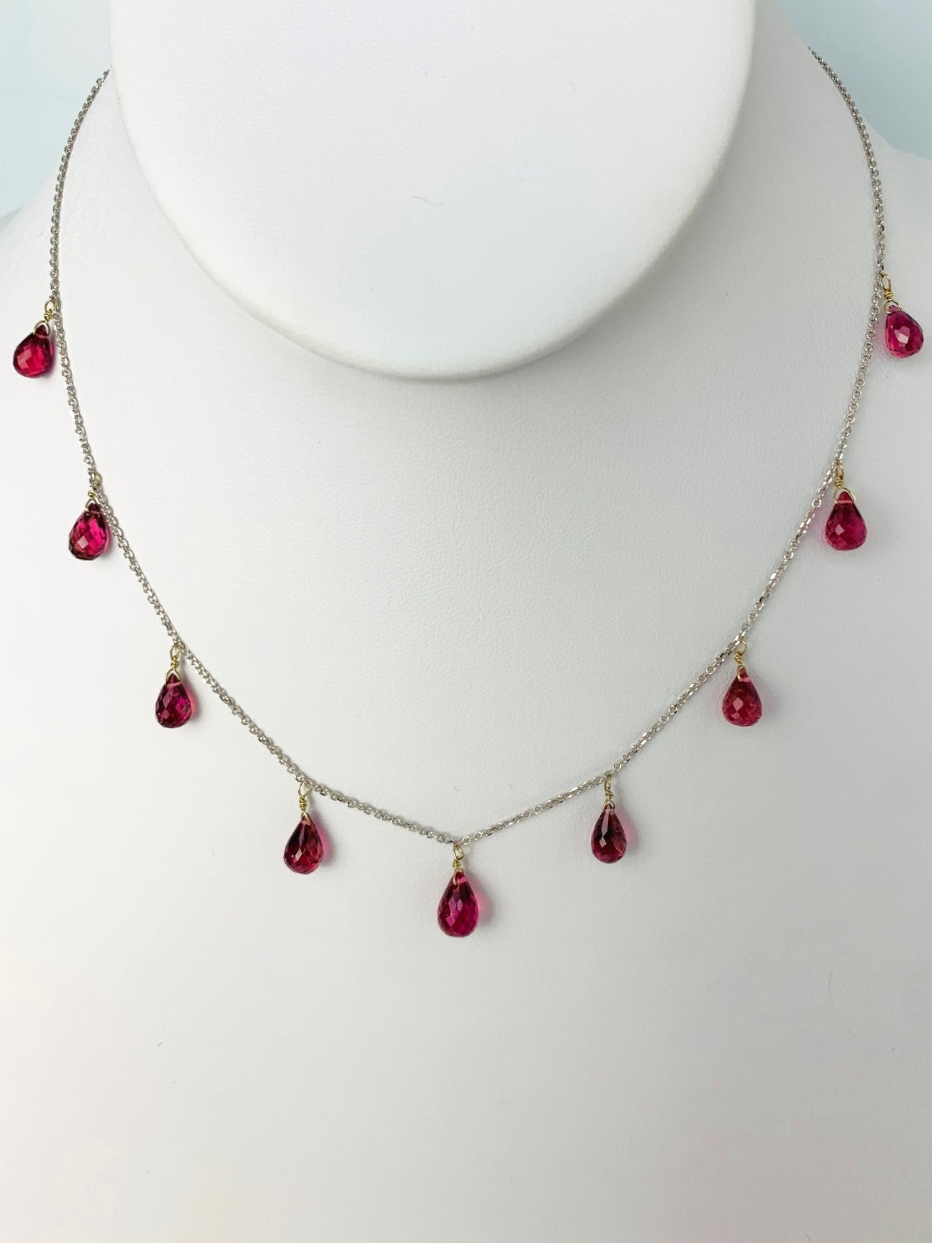 16" Pink Tourmaline 9 Station Dangly Necklace in 18KW - NCK-576-DNGGM18W-PT-16