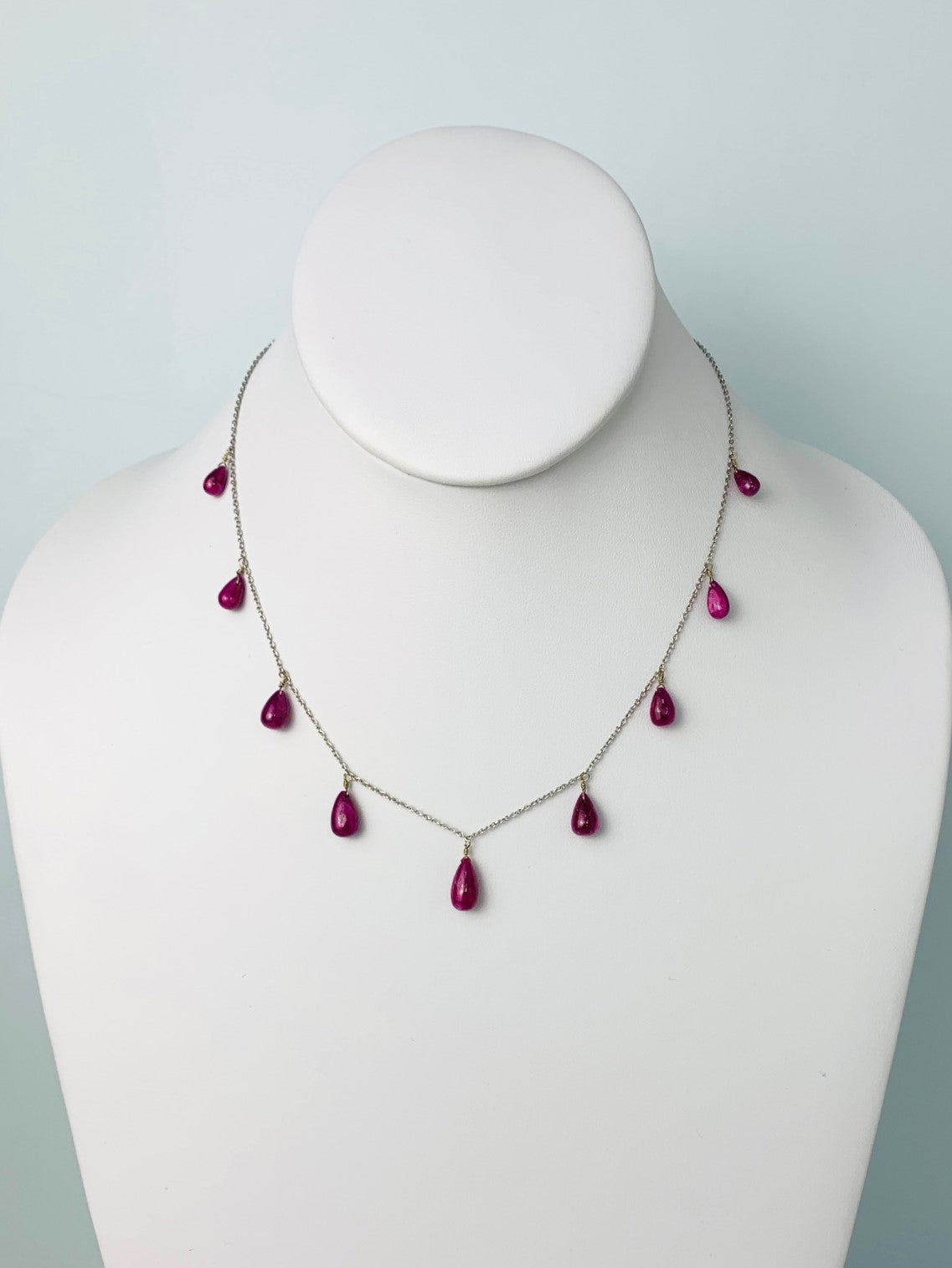 16" Ruby 9 Station Dangly Necklace in 18KW - NCK-590-DNGGM18W-RBY-16