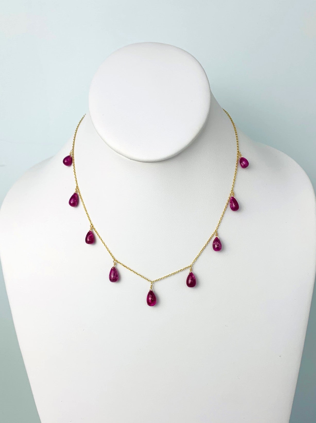 16" Ruby 9 Station Dangly Necklace in 18KY - NCK-590-DNGGM18Y-RBY-16
