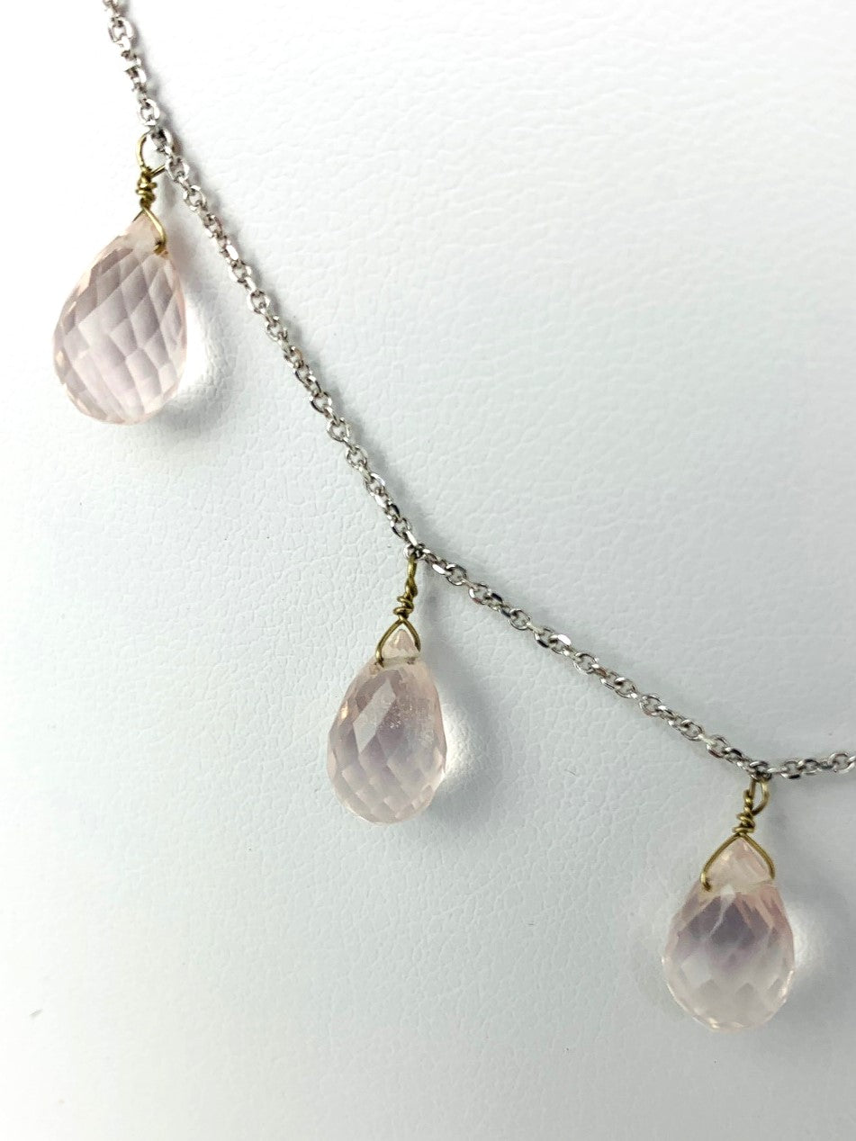 16"-17" Rose Quartz 9 Station Dangly Necklace in 14KW - NCK-602-DNGGM14W-RQ-17