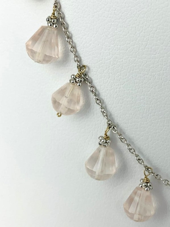 16"-17" Rose Quartz 15 Station Dangly Necklace in 18KW - NCK-603-DNGGM18W-RQ-17