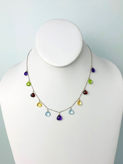 16"-17" Multicolored Gemstone 11 Station Dangly Necklace in 14KW - NCK-616-DNGGM14W-MLTI-17