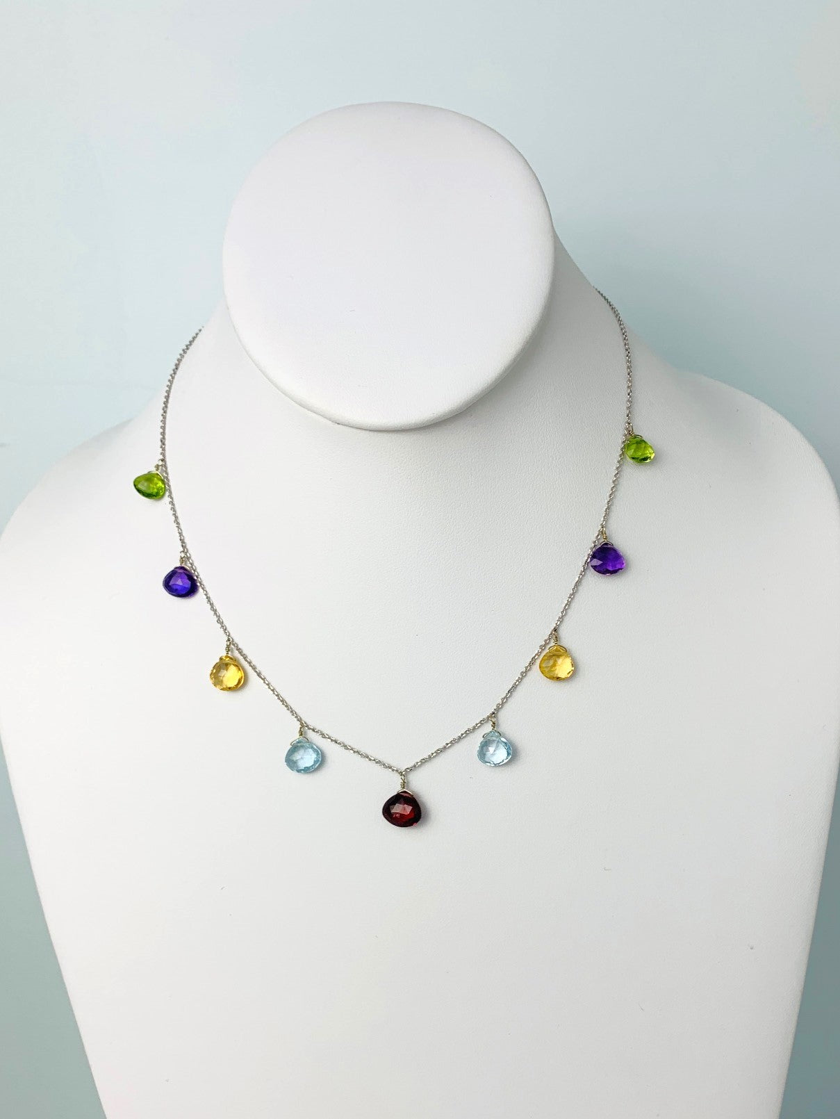 16"-17" Multicolored Gemstone 9 Station Dangly Necklace in 14KW - NCK-617-DNGGM14W-MLTI-17